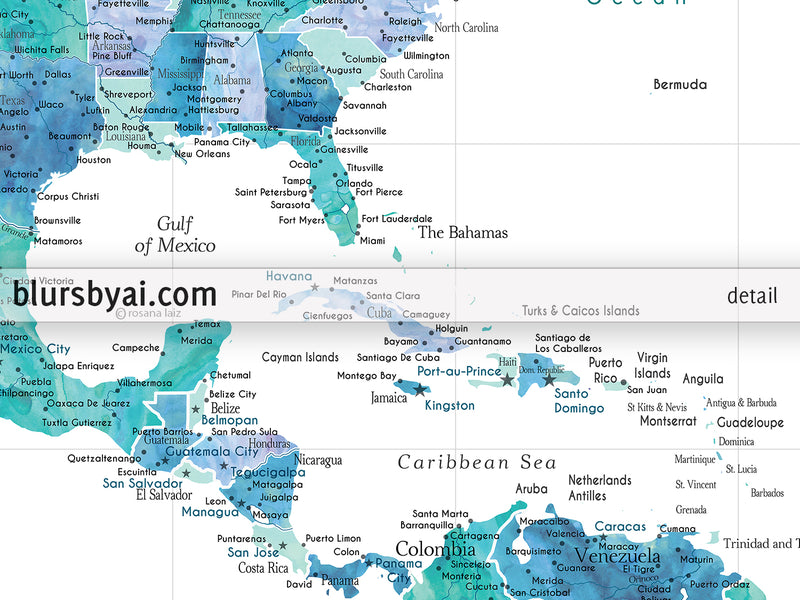 Custom map print: USA, Mexico and the Caribbean Sea in turquoise watercolor. "Peaceful waters"