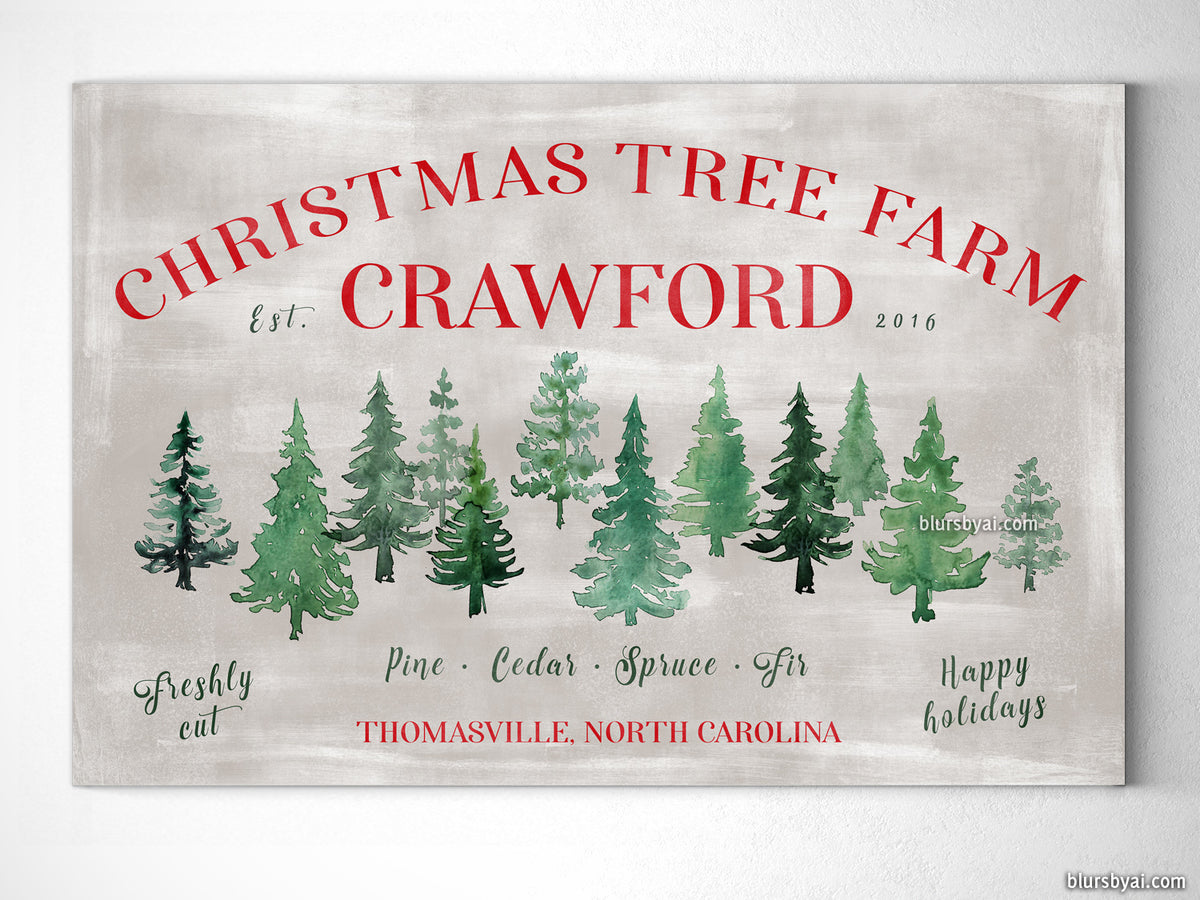 Custom family name canvas print, "Christmas tree farm" in rustic chic style