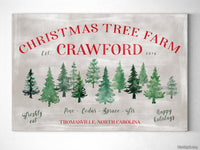Custom family name canvas print, "Christmas tree farm" in rustic chic style