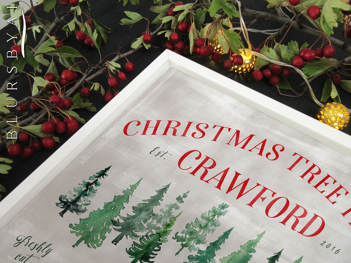 Custom family name canvas print, "Christmas tree farm" in rustic chic style