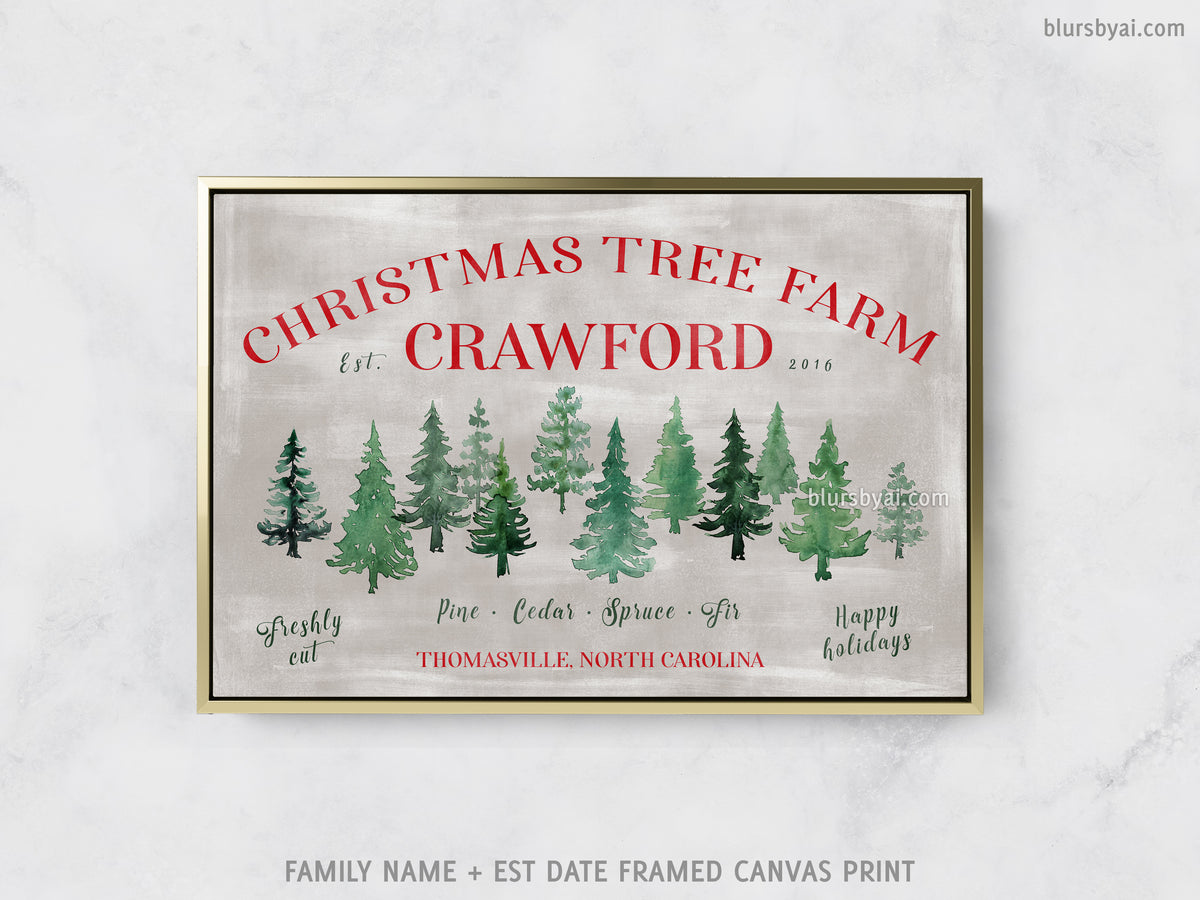 Custom family name canvas print, "Christmas tree farm" in rustic chic style