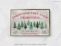 Custom family name canvas print, "Christmas tree farm" in rustic chic style