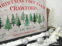 Custom family name canvas print, "Christmas tree farm" in rustic chic style