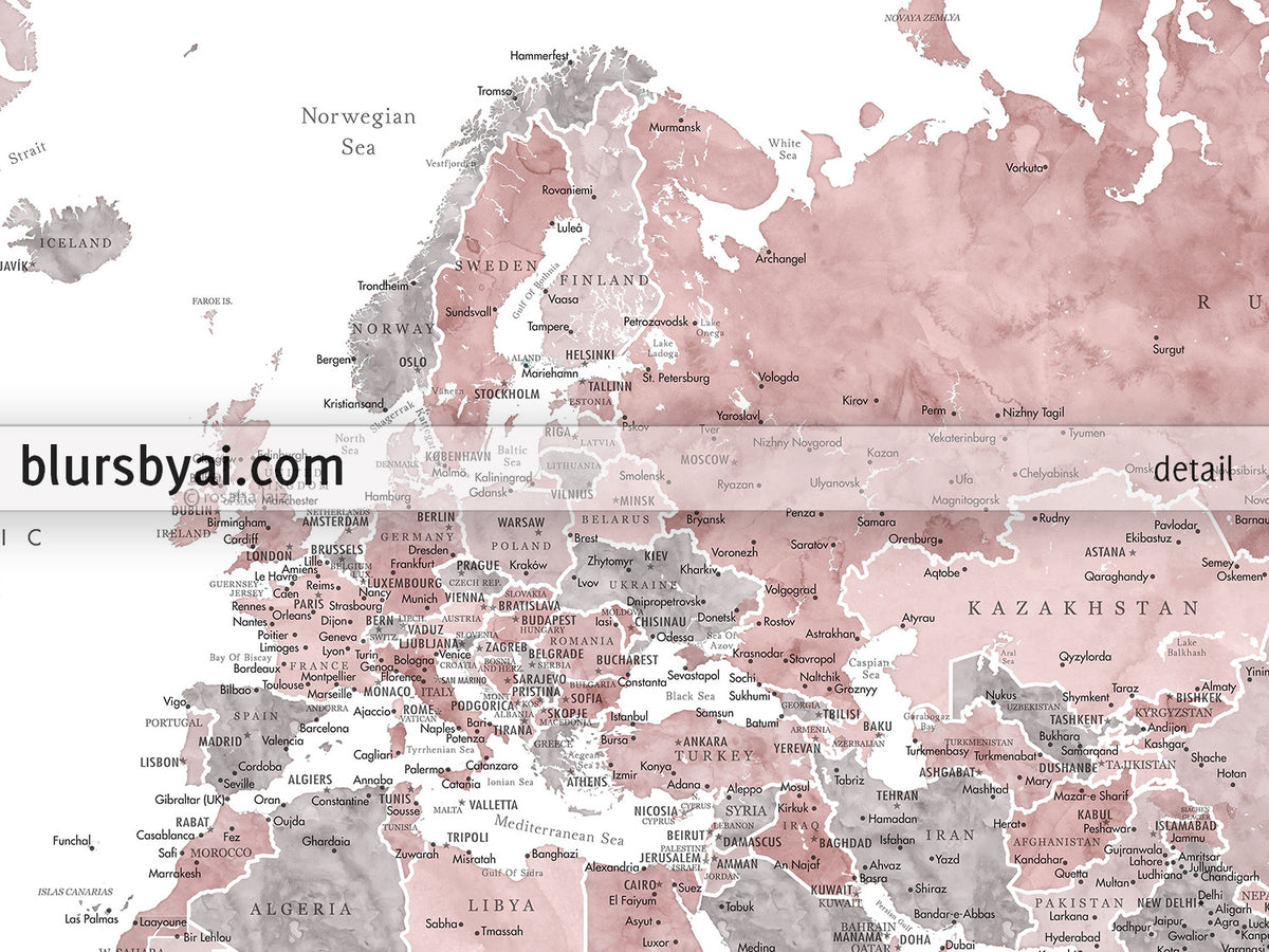 Art print on paper: custom world map with state capitals, cities and countries in dusty pink and grey watercolor "Piper"