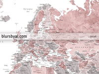 Art print on paper: custom world map with state capitals, cities and countries in dusty pink and grey watercolor "Piper"