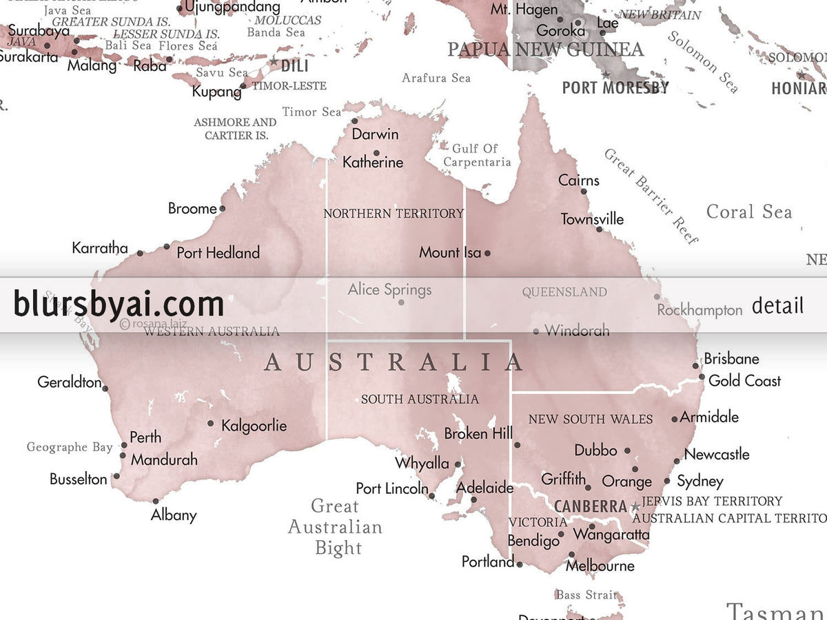 Art print on paper: custom world map with state capitals, cities and countries in dusty pink and grey watercolor "Piper"