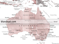 Art print on paper: custom world map with state capitals, cities and countries in dusty pink and grey watercolor "Piper"