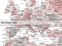 Art print on paper: custom world map with state capitals, cities and countries in dusty pink and grey watercolor "Piper"