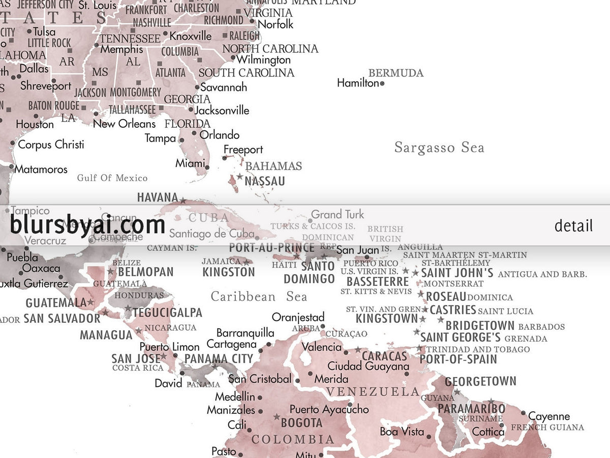 Art print on paper: custom world map with state capitals, cities and countries in dusty pink and grey watercolor "Piper"