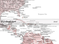 Art print on paper: custom world map with state capitals, cities and countries in dusty pink and grey watercolor "Piper"