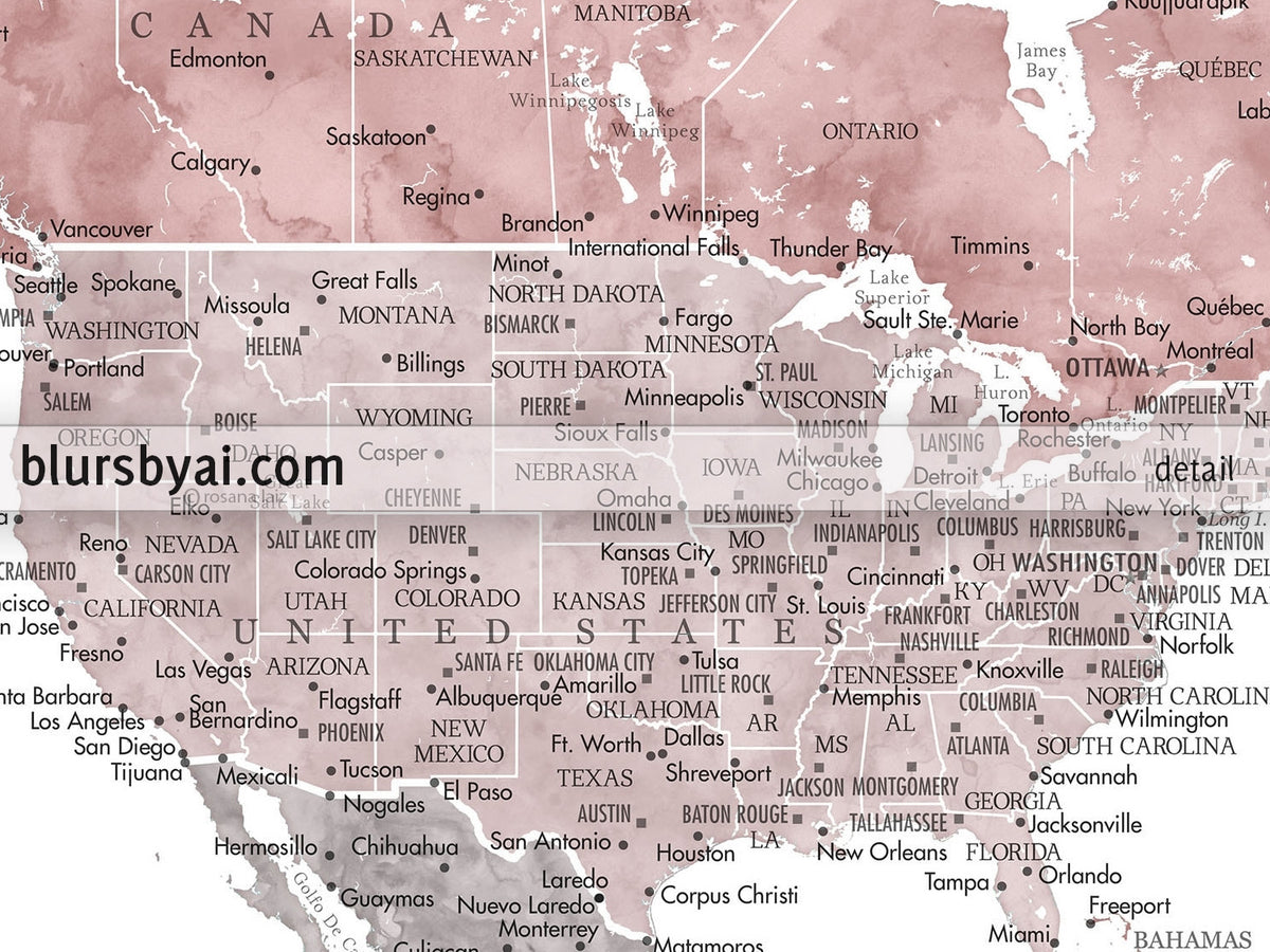 Art print on paper: custom world map with state capitals, cities and countries in dusty pink and grey watercolor "Piper"