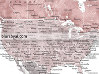 Art print on paper: custom world map with state capitals, cities and countries in dusty pink and grey watercolor "Piper"