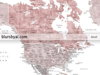Art print on paper: custom world map with state capitals, cities and countries in dusty pink and grey watercolor "Piper"
