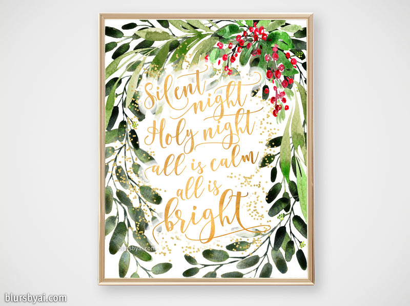 Printable holiday decor: Watercolor Christmas greenery, Silent night - Personal use