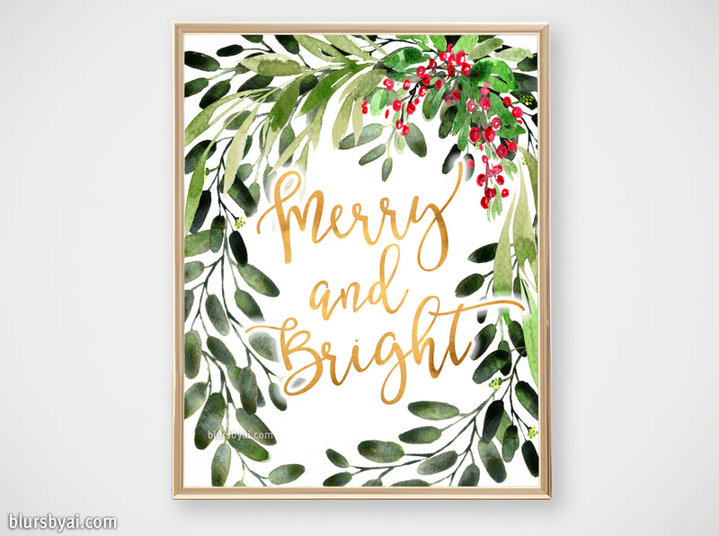 Printable holiday decor: Watercolor Christmas greenery, merry and bright - Personal use