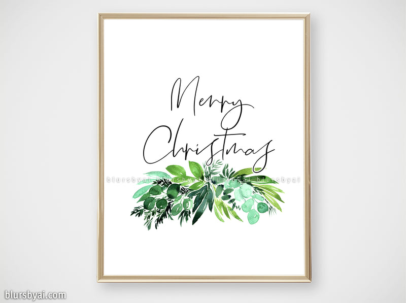 Printable holiday decor: Watercolor greenery, "Merry Christmas" - Personal use