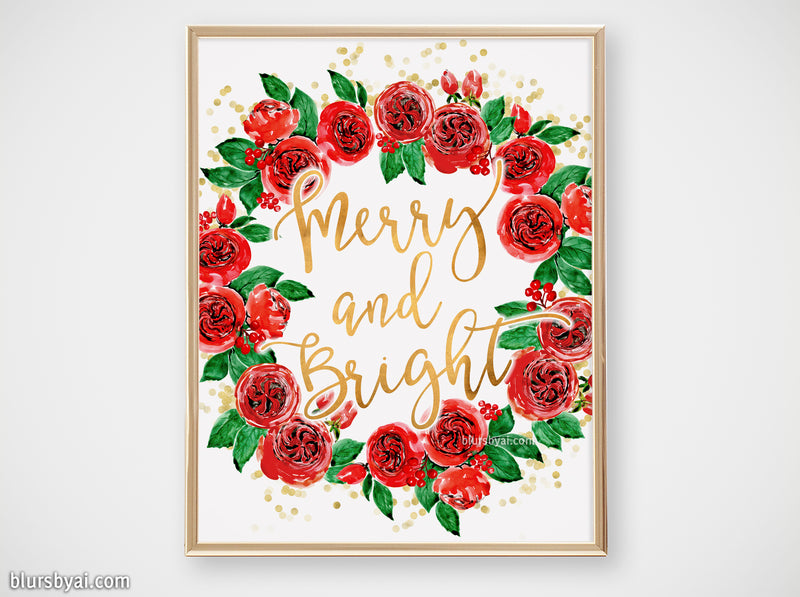 Printable holiday decor: Watercolor red roses Christmas wreath, Merry and Bright - Personal use