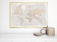 Custom print: rustic world map with cities in distressed neutrals. "Lucille"