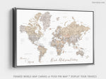 Custom watercolor world map with cities, canvas print or push pin map in neutrals. "Abey"