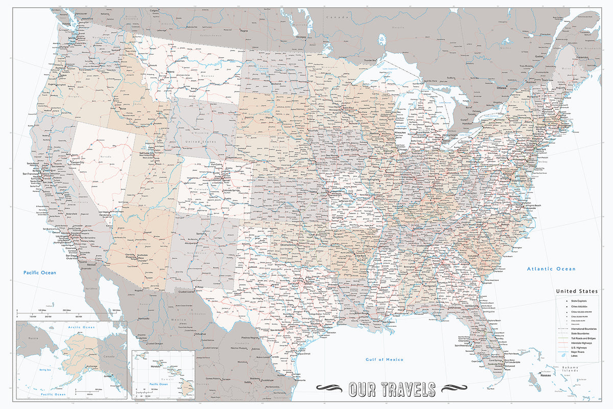 Custom US map print: highly detailed map of the US with roads. "Lincoln"