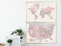 Set of two map prints on paper: USA and the world in matching style. "Madelia"