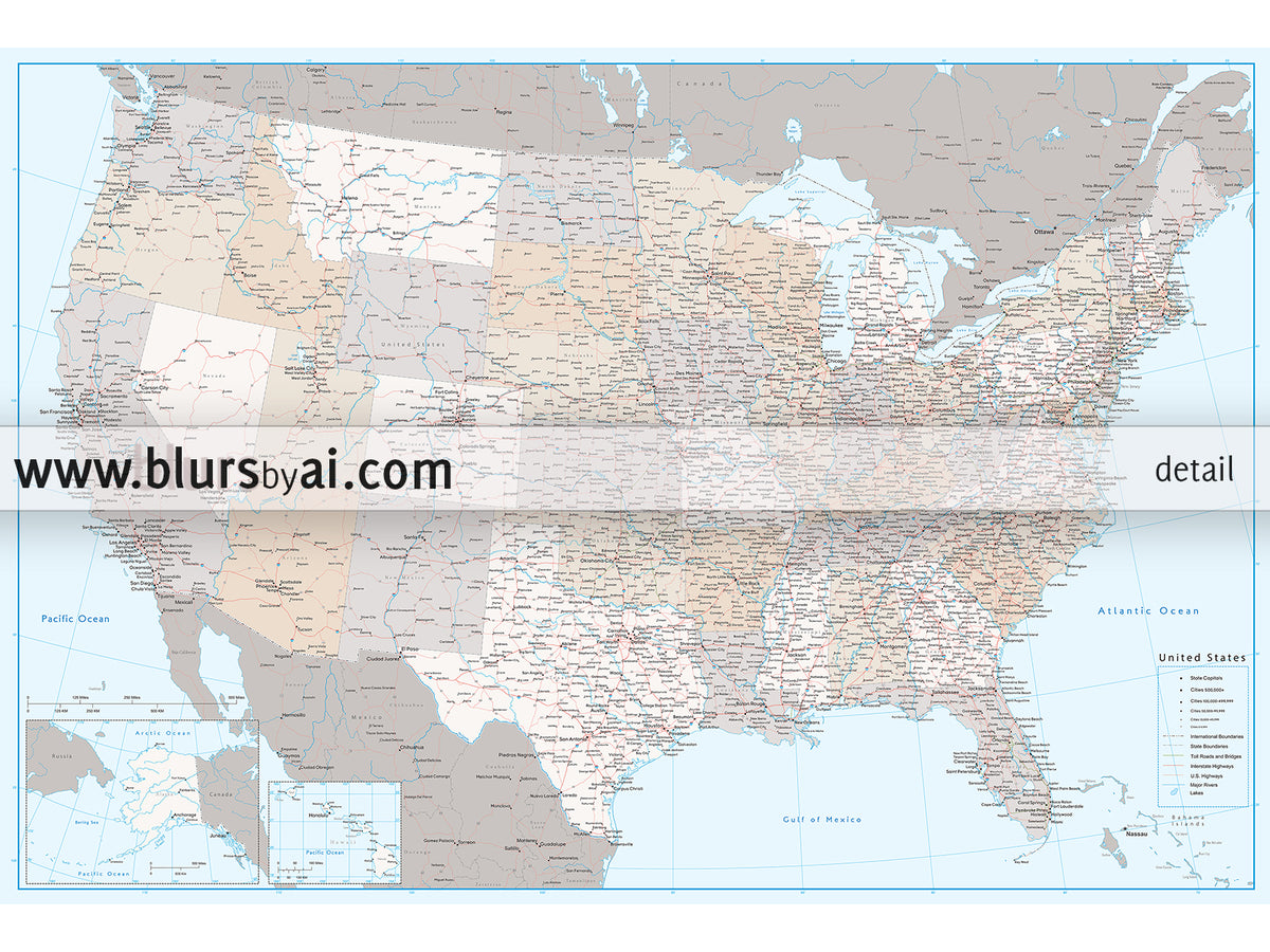 Custom US map print: highly detailed map of the US with roads. "Keane"