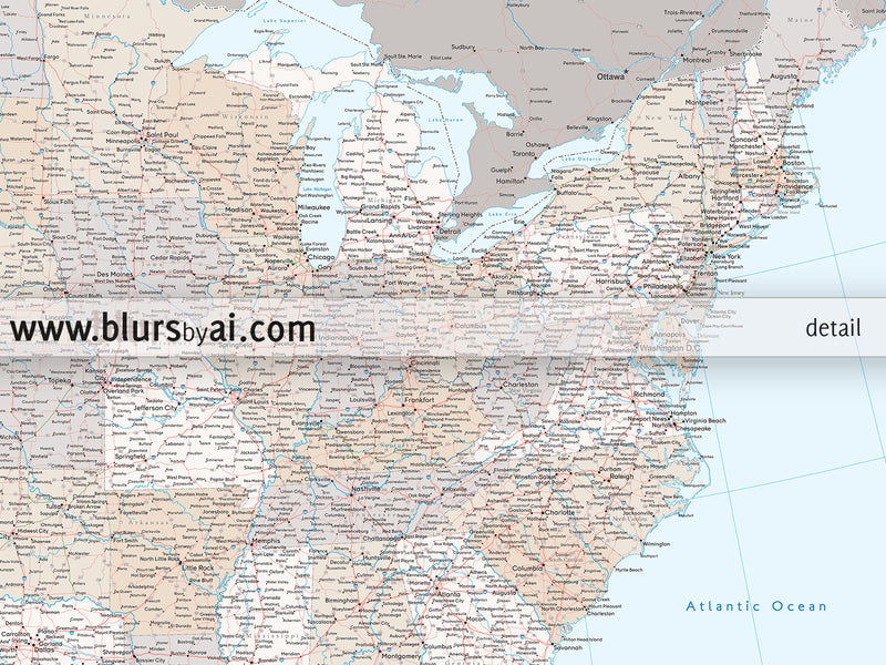 Custom US map print: highly detailed map of the US with roads. "Keane"