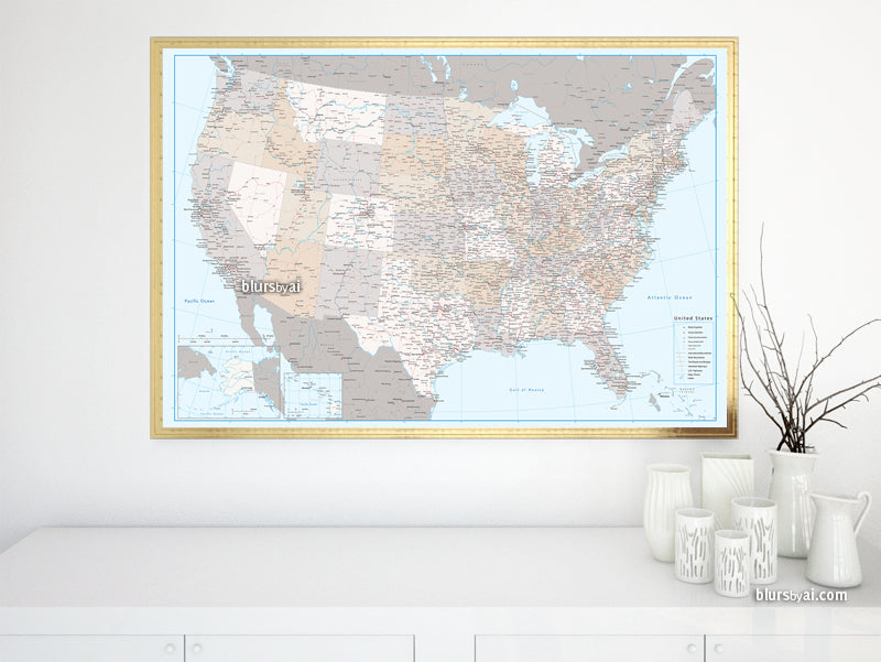 Custom US map print: highly detailed map of the US with roads. "Keane"