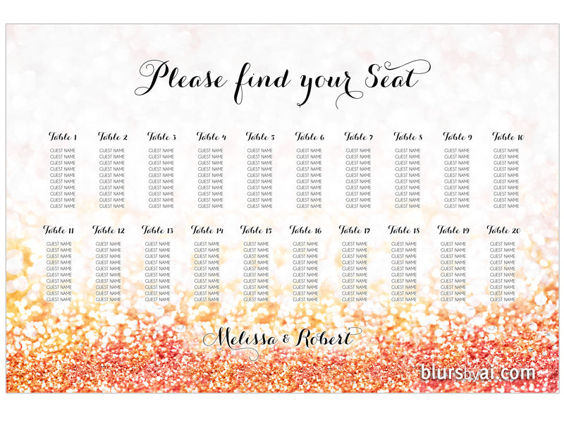 Custom printable seating chart in sparkly background - Any color