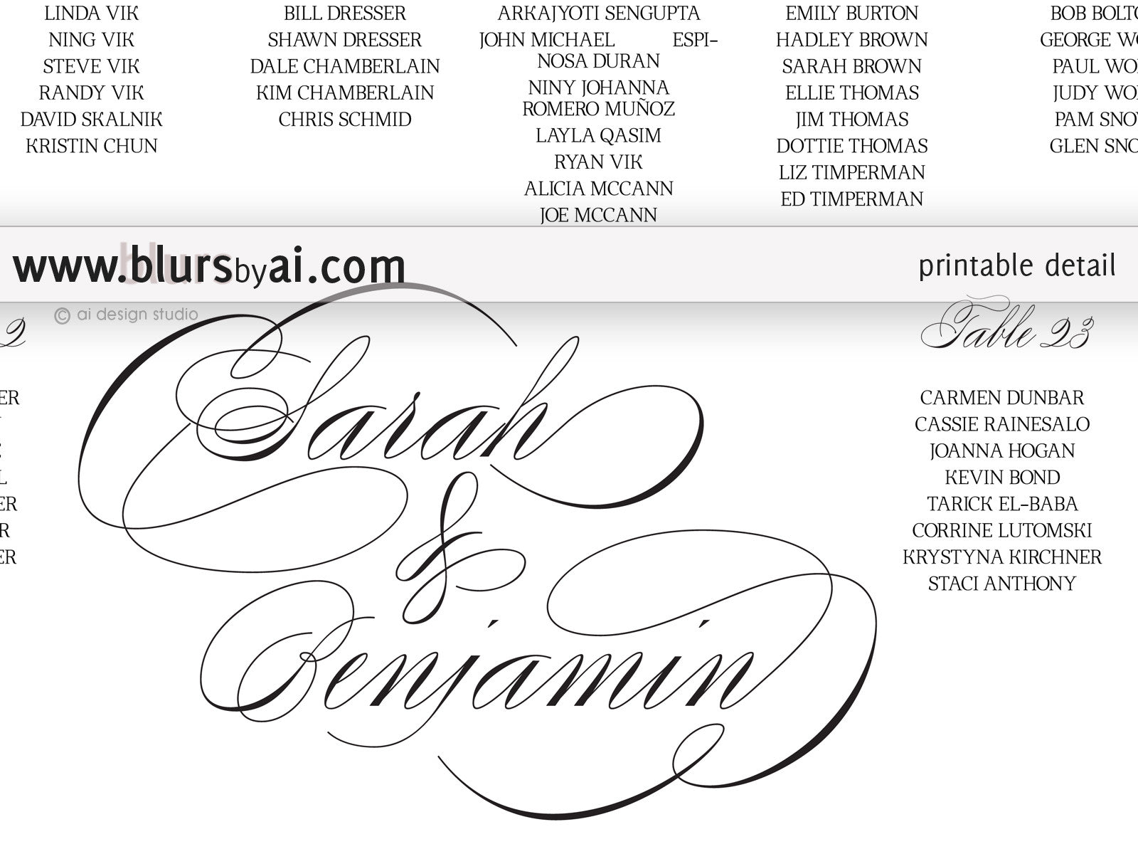 Custom printable seating chart featuring calligraphy headings Any co blursbyai