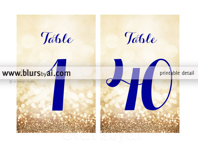 4x6" printable table numbers in navy blue & gold glitter, printable table numbers