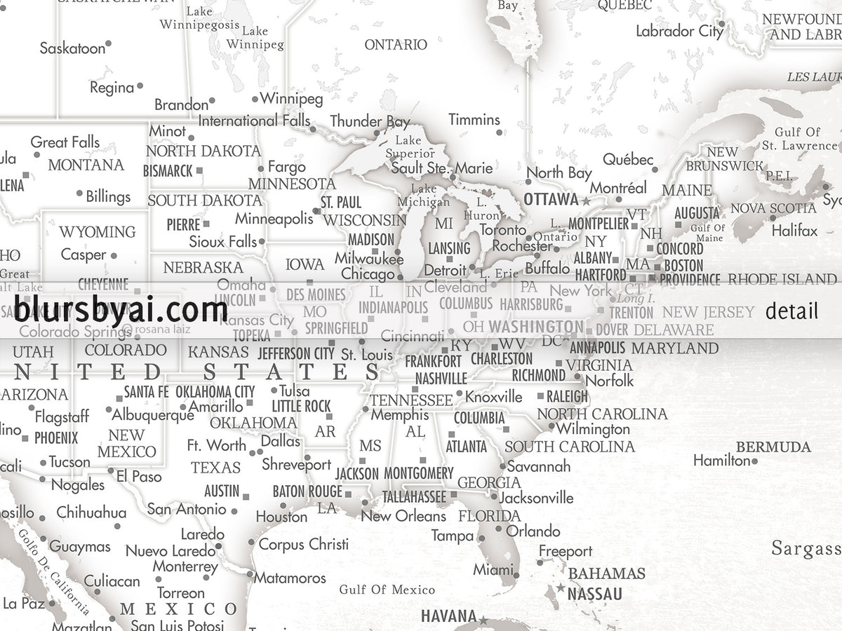 Art print on paper: personalized detailed world map with cities. "Maeli White"