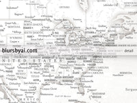 Art print on paper: personalized detailed world map with cities. "Maeli White"