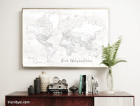 Art print on paper: personalized detailed world map with cities. "Maeli White"