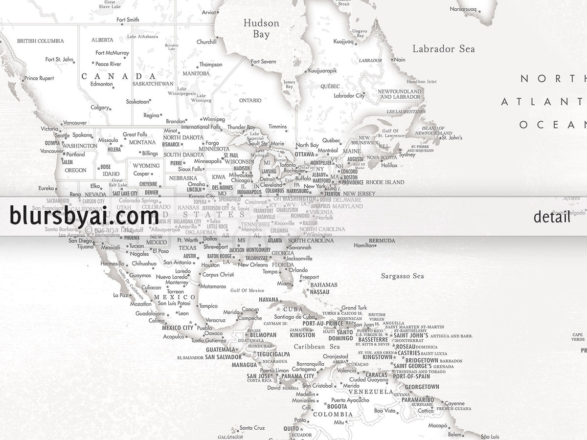 Art print on paper: personalized detailed world map with cities. "Maeli White"