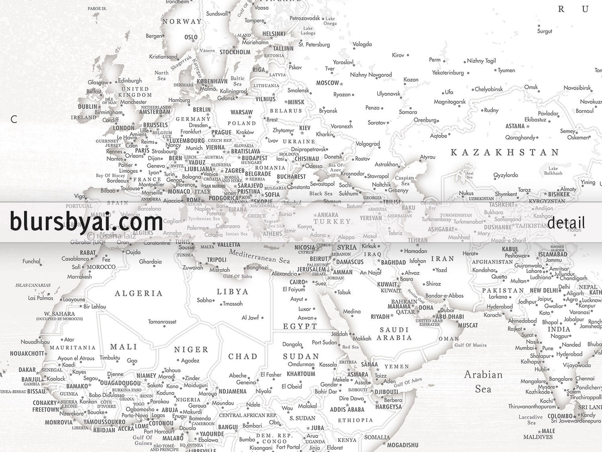 Art print on paper: personalized detailed world map with cities. "Maeli White"