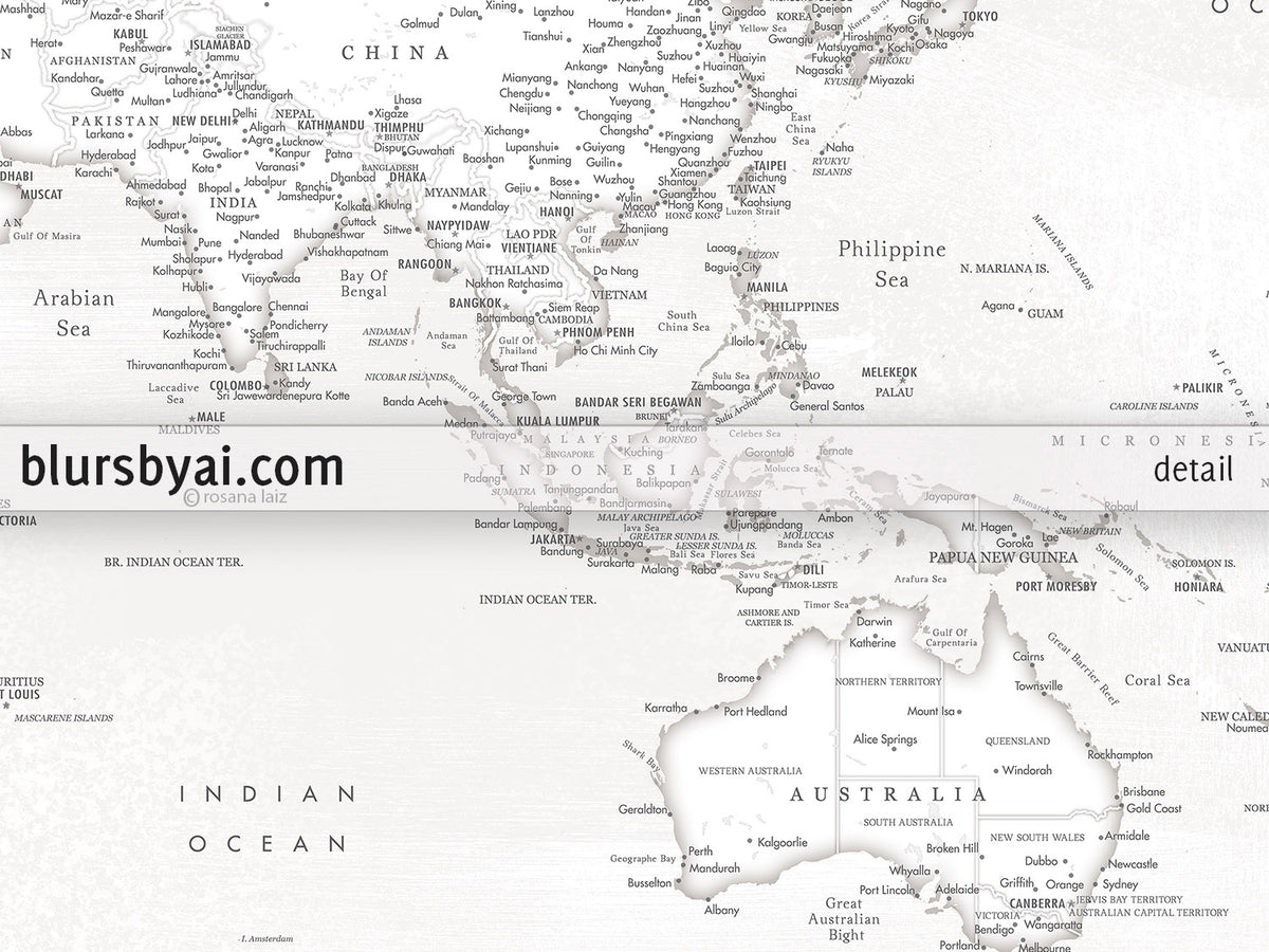 Art print on paper: personalized detailed world map with cities. "Maeli White"