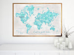 Personalized Aquamarine watercolor printable world map with cities in rustic background