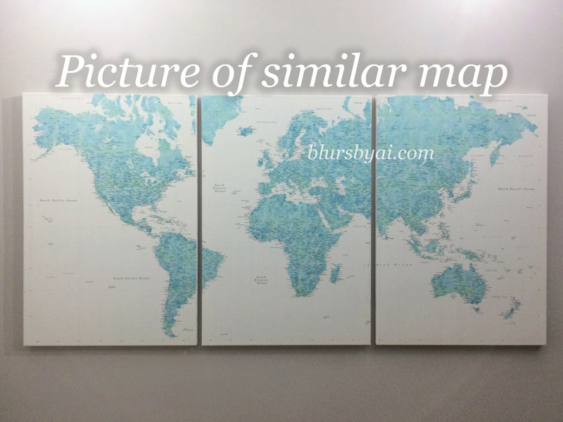 Multi panel world map canvas print or push pin map, highly detailed world map with cities. "Peaceful waters"
