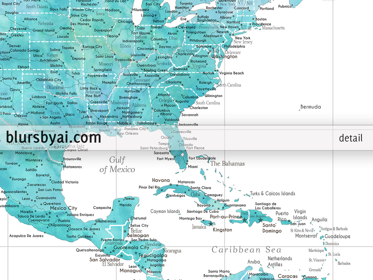 Custom world map print - highly detailed map with cities in aquamarine watercolor. "Peaceful waters"