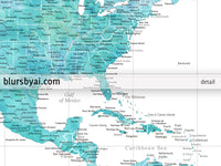 Custom world map print - highly detailed map with cities in aquamarine watercolor. "Peaceful waters"
