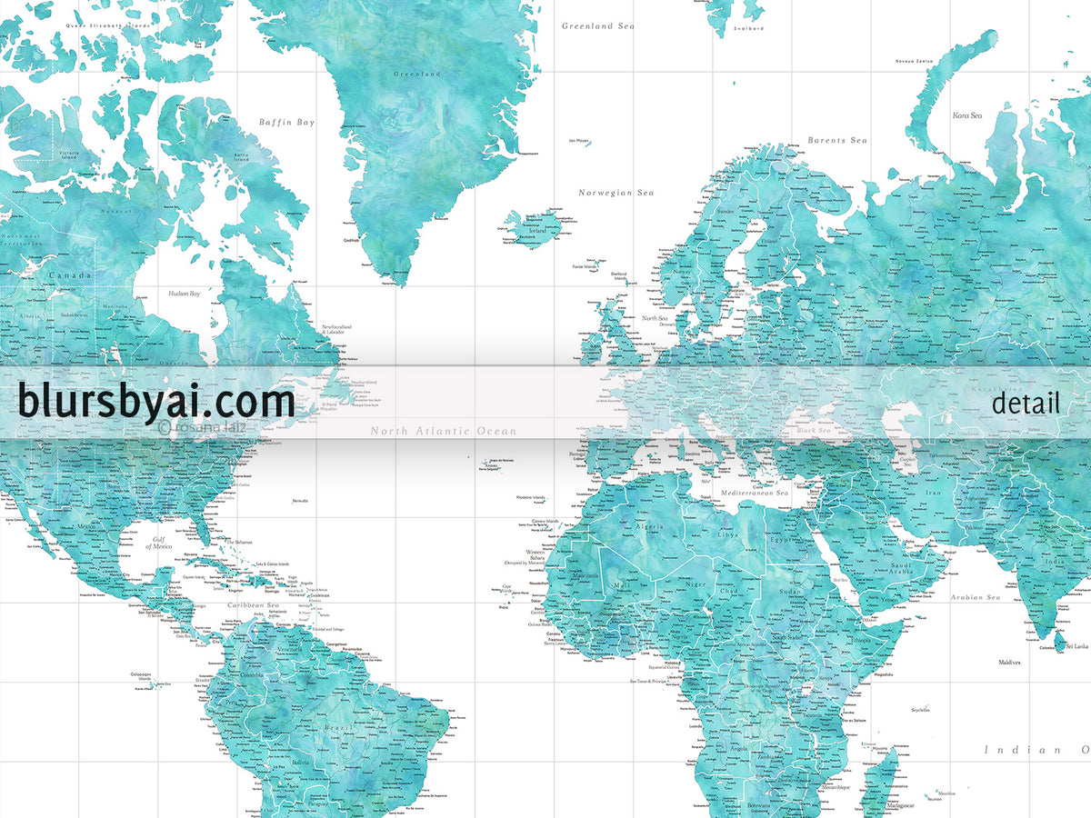 Custom world map print - highly detailed map with cities in aquamarine watercolor. "Peaceful waters"