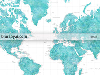 Custom world map print - highly detailed map with cities in aquamarine watercolor. "Peaceful waters"