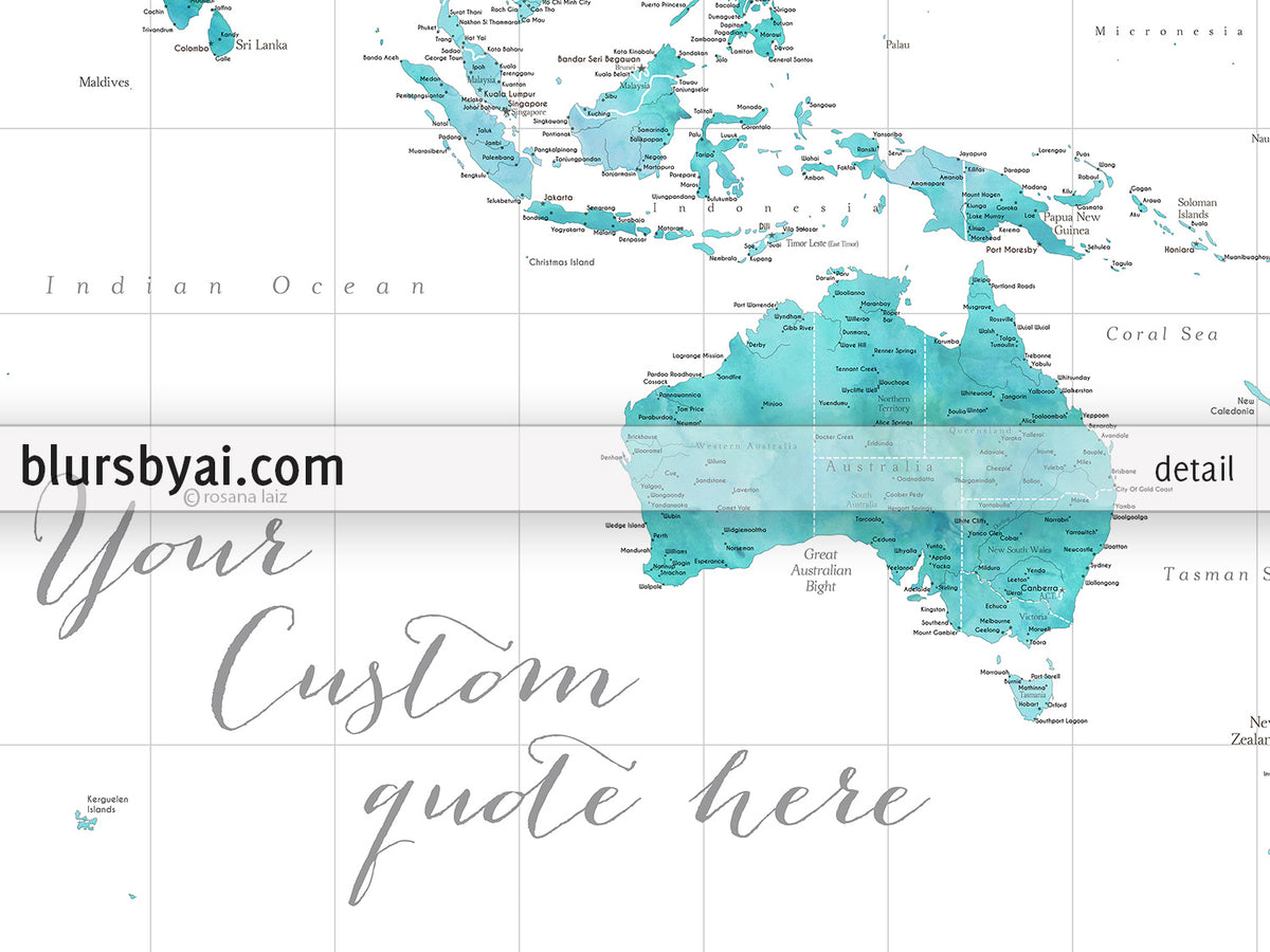 Custom world map print - highly detailed map with cities in aquamarine watercolor. "Peaceful waters"
