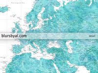 Custom world map print - highly detailed map with cities in aquamarine watercolor. "Peaceful waters"