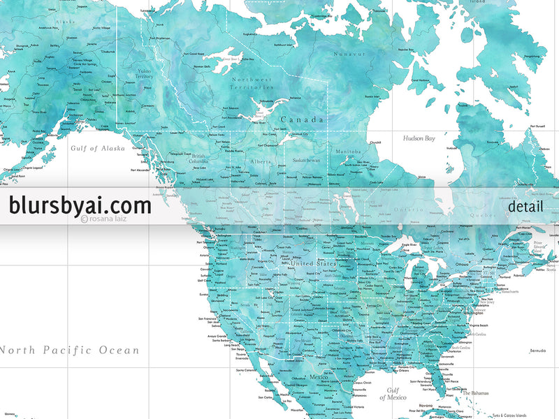 Custom large & highly detailed world map canvas print or push pin map in aquamarine watercolor. "Peaceful waters"