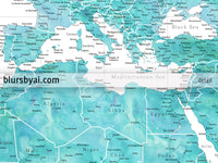 Custom world map print - highly detailed map with cities in aquamarine watercolor. "Peaceful waters"