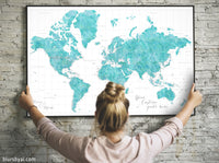 Custom world map print - highly detailed map with cities in aquamarine watercolor. "Peaceful waters"