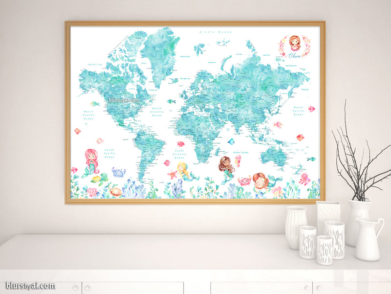 Art print on paper: custom world map with cities and watercolor mermaids in aquamarine watercolor. "Sirena"