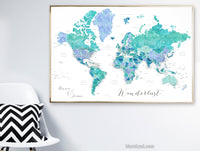 Art print on paper: personalized world map with state capitals, cities and countries in aquamarine and blue watercolor. "Caribbean waters"